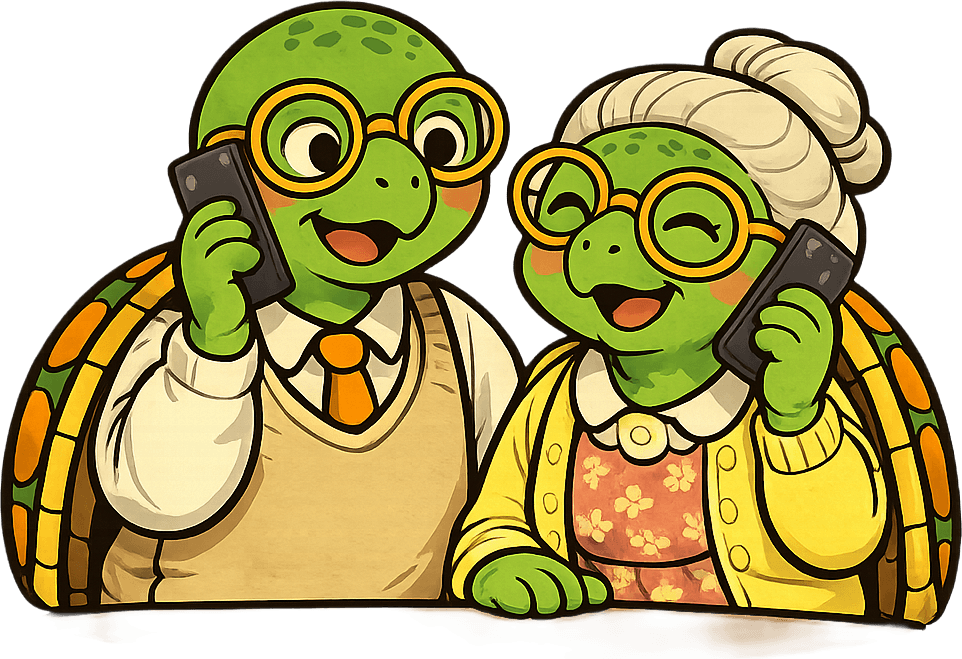 Two cartoon turtles, an older couple, smiling on the phone.